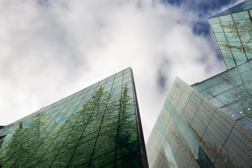 Sustainable, green energy city, urban ecology concept and modern business buildings surface covered in forest with copy space.